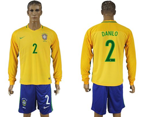 Brazil #2 Danilo Home Long Sleeves Soccer Country Jersey - Click Image to Close